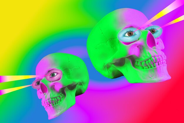 초현실주의 스타일의 인간 두개골의 석고 사본과 콜라주 남자 두개골 머리가 있는 현대적인 창의적인 포스터 현대 미술 펑키 펑크 미니멀리즘 디자인 할로윈과 죽음의 날 멕시코 개념
