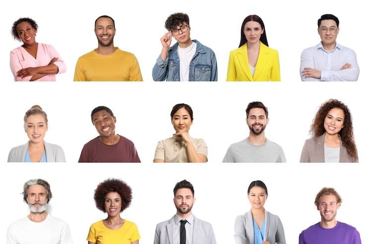 Photo collage with portraits of different people isolated on white