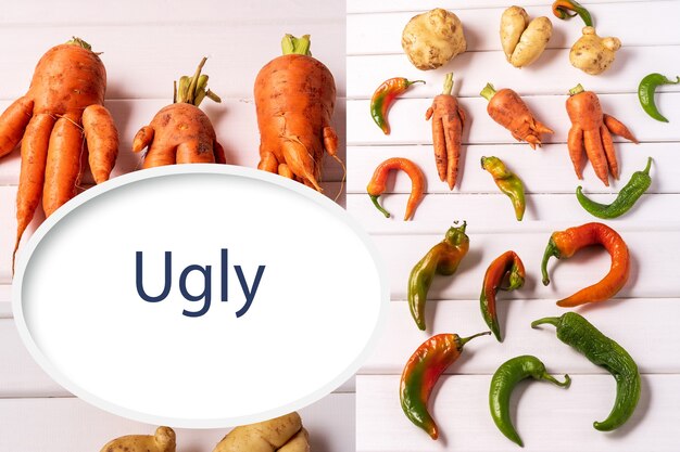 Photo collage with raw fresh ugly curved carrot,potato and peppers . healthy food concept.