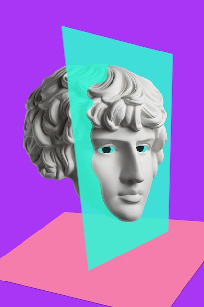 collage with sculpture of human face in a pop art style. modern creative concept image with ancient statue head. zine culture. contemporary art poster. funky punk minimalism. retro surreal design.