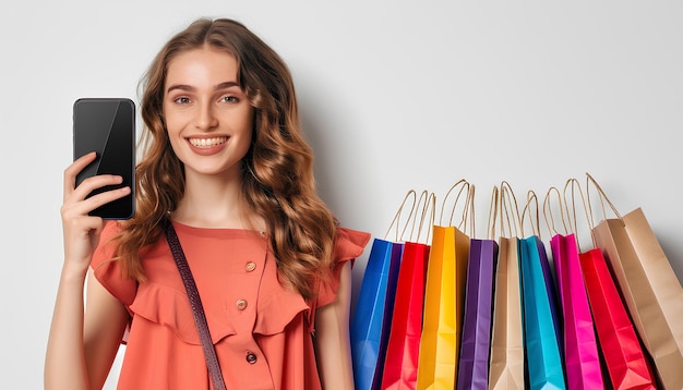 Collage with smartphone and happy young woman holding parcels and shopping bags on white background