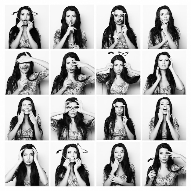 Collage of woman different facial expressions Black and white picture