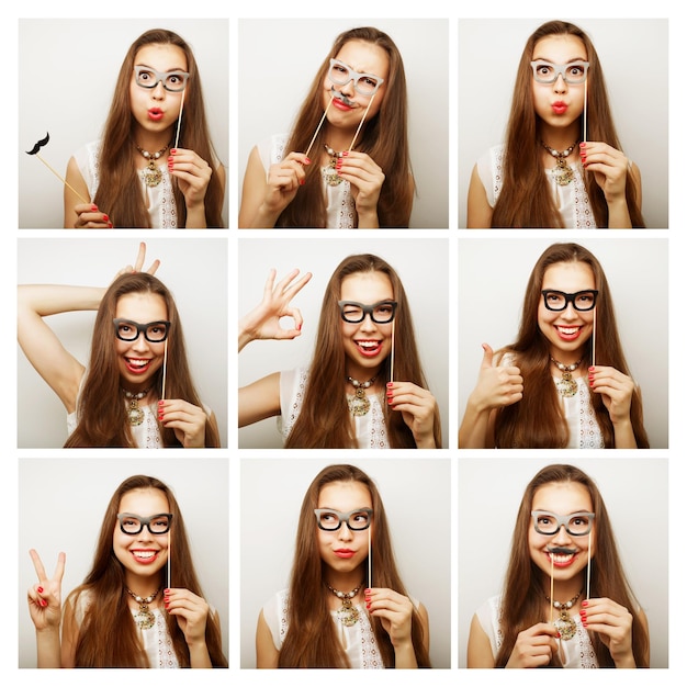 Collage of woman different facial expressions ready for party