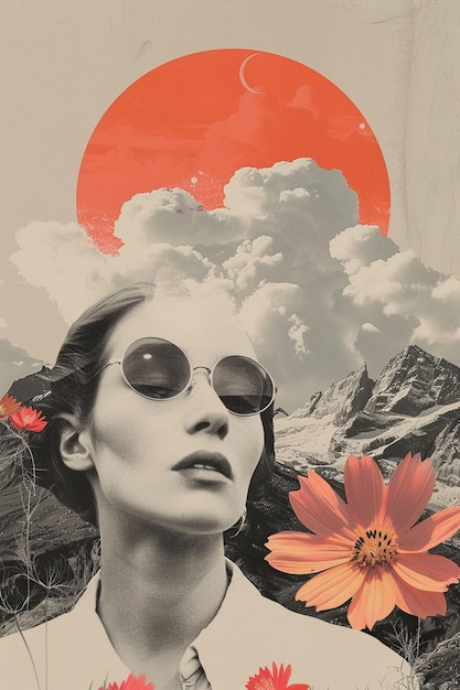 Collage of woman retro sun mountain clouds tropical leaves butterflies birds seas tropical