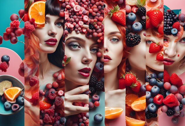 Photo collage of women portraits with berries