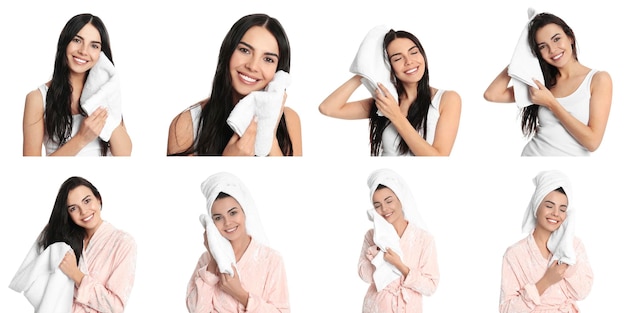 Collage of women with towels on white background Banner design