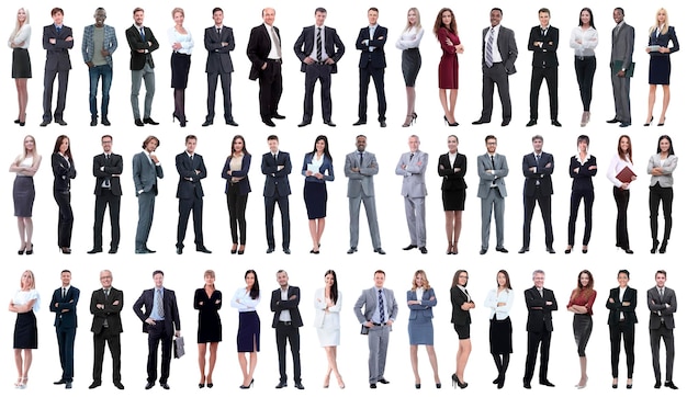 Collage of young business people standing in a row isolated on white background