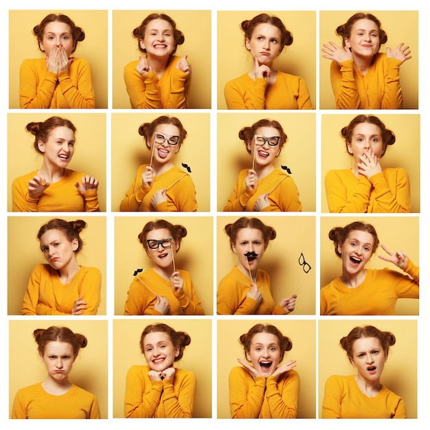 Collage of young woman different facial expressions