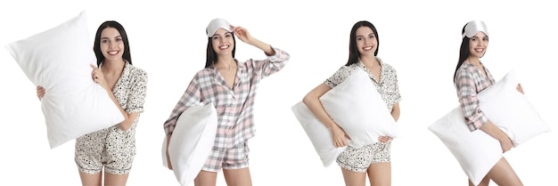 Collage of young woman in pajamas with pillow against white background Banner design