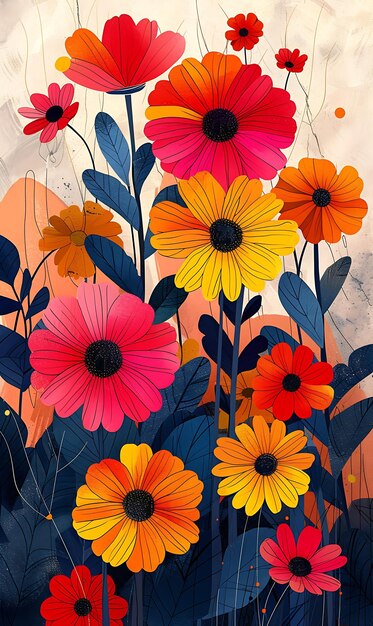 Collage of zinnia flowers with a mix of bright and bold colors featurin digital art concept poster