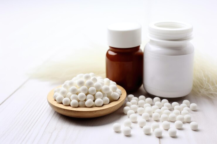 Photo collagen powder and pills on white background top view ai generated