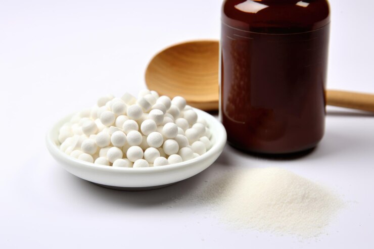 Photo collagen powder and pills on white background top view ai generated