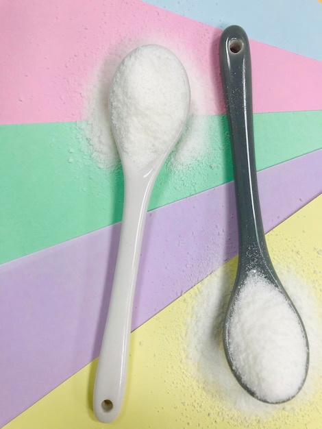 Photo collagen powder placed in a spoon