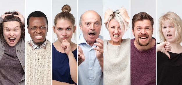 Foto collageportret van geërgerde boze vrouwen en mannen negatieve menselijke emoties worden geconfronteerd met uitdrukkingen