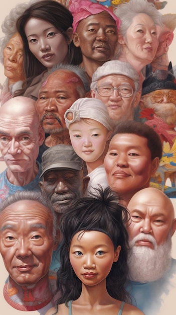 Foto collages van surrealistische karikaturen van verschillende geslachten, etniciteiten en leeftijden
