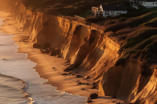 Collapse shoreline with brown dirt landslide generative ai