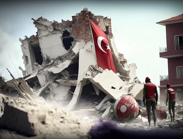 Collapsed building by earthquake with national Turkey flag on ruins rescuers looking for survivors