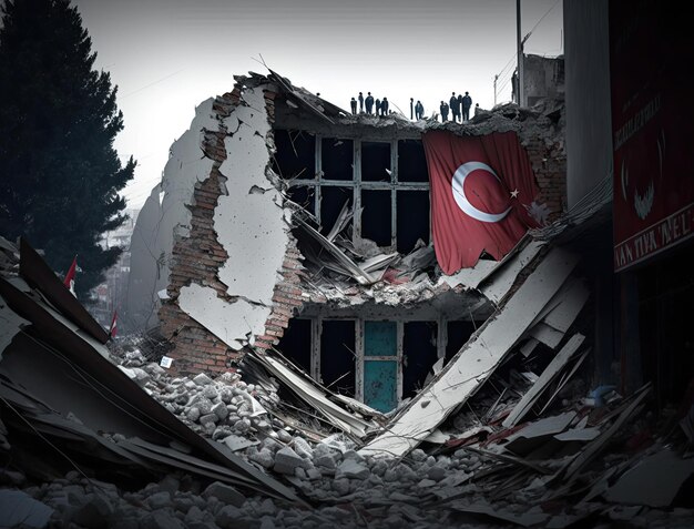 생존자를 찾는 폐허 구조대에 국가 터키 깃발이 달린 지진으로 건물 붕괴