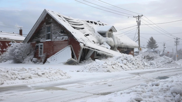 A collapsed roof caved in under the immense weight of ice and snow a stark symbol of the havoc a