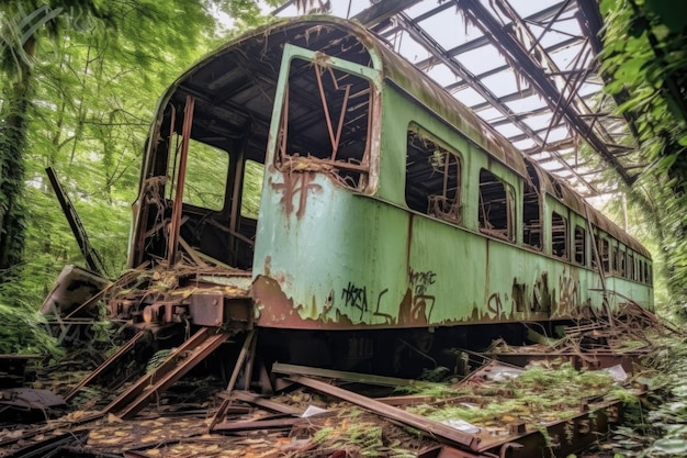 Photo collapsed roof on decaying train carriage created with generative ai