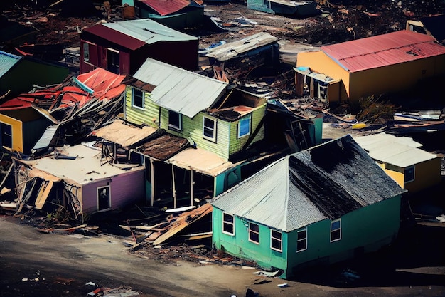 Обрушившиеся стены домов и поврежденные крыши из-за урагана, созданного с помощью генеративного ИИ