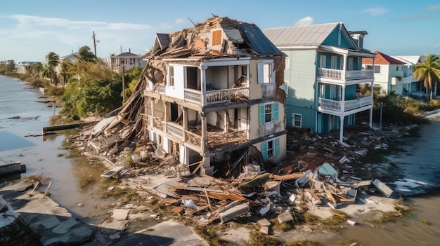 Collapsed walls of houses and damaged roofs due t