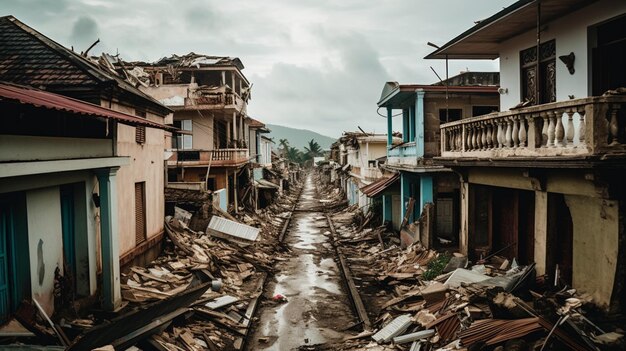 Collapsed walls of houses and damaged roofs