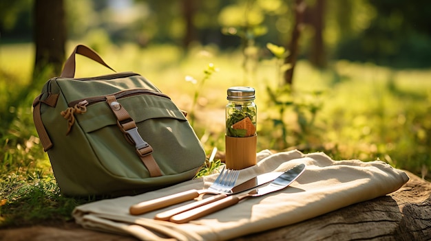 Collapsible Water Bottle and Reusable Cutlery Set on a Picnic Blanket