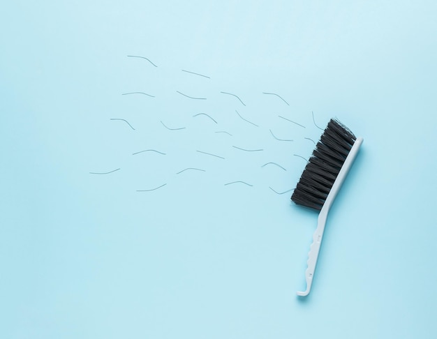 A collapsing cleaning brush on a blue background Minimal cleaning concept Flat lay