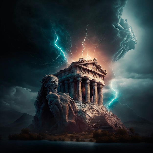 The collapsing Roman pantheon during a thunderstorm and falling lightning Dramatic moment