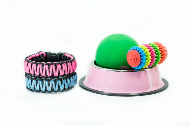 Collar, stainless steel bowls and toys on isolated white