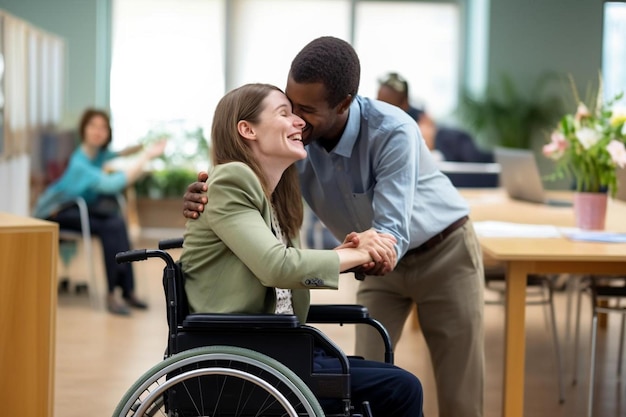 Foto un collega disabile che saluta un collega in ufficio