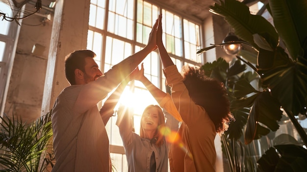Colleagues are giving each other a high five in an office setting with big smiles on their faces indicating a celebration or success