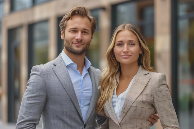 Photo colleagues business woman and man in the street near the business center real estate background