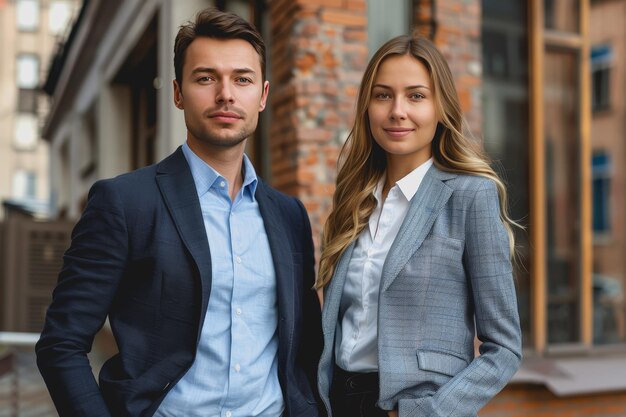 Photo colleagues businesswoman and man in the street near the business center real estate background