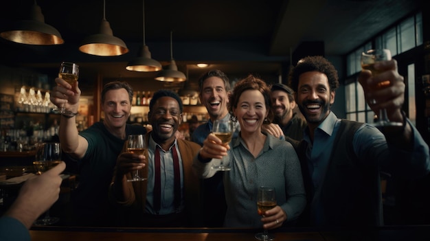 Colleagues celebrate in cozy cafe cups raised faces beaming