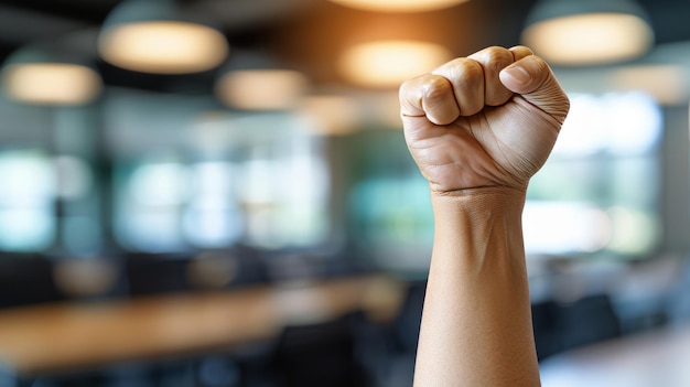 Foto i colleghi celebrano il successo in un ufficio moderno con spazio di testo su uno sfondo sfocato