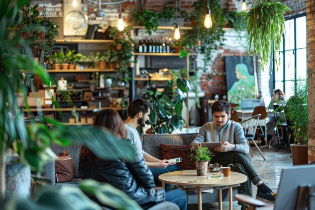 Photo colleagues in cozy coworking space enjoying coffee break