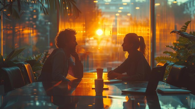 Photo colleagues discussing at sunset in modern office