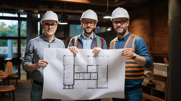 Фото colleagues holding finished architectural blueprints