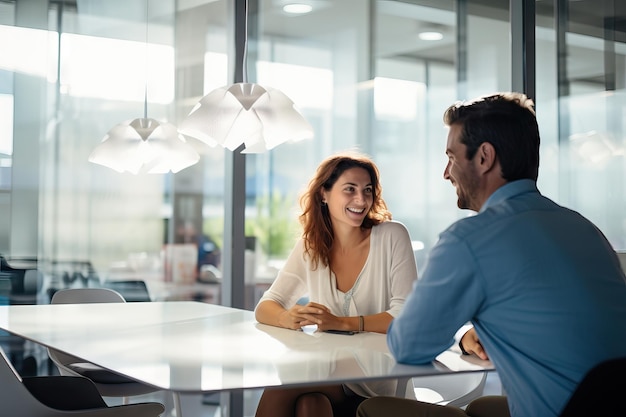 Colleagues Problem Solving At the office working two people Businessman and businesswoman smiling