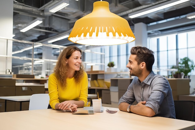 Коллеги решают проблемы В офисе работают два человека Бизнесмен и деловая женщина улыбаются