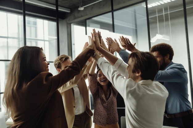 Colleagues sharing a group hug or highfive Created with generative AI technology