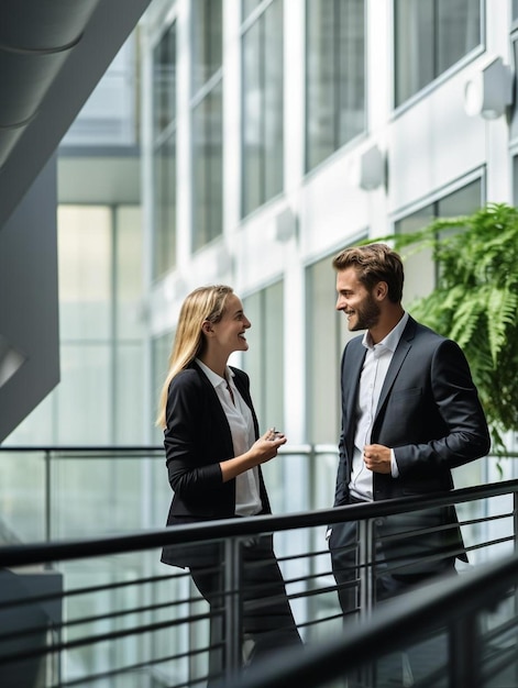 Photo colleagues talking in office building leaning on railing