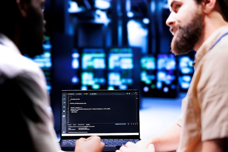 Photo colleagues updating server clusters writing complex binary code scripts on laptop terminal admins using javascript java and database programming to fortify security and safeguard data