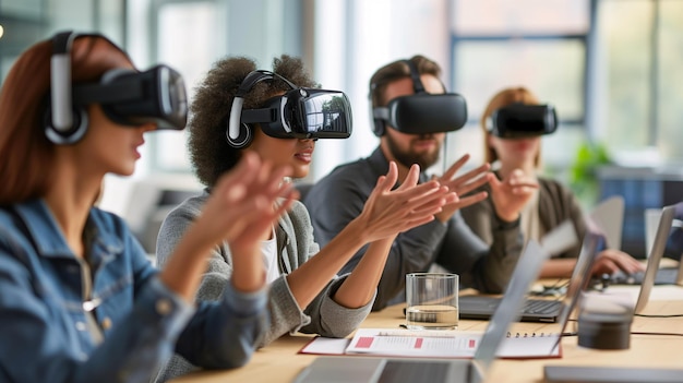 Foto colleghi con cuffie vr esplorano il mondo digitale migliorando la collaborazione