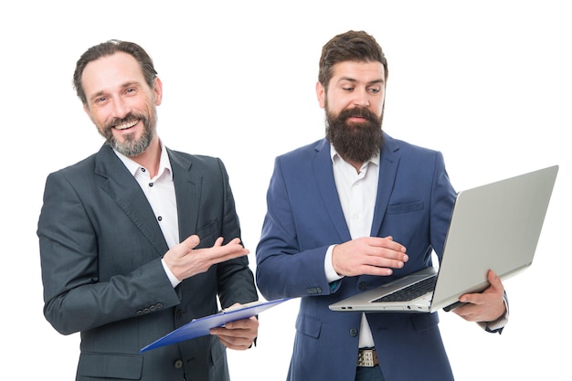 Colleagues work Software technologies for accounting Man bearded manager show financial report laptop Modern technologies Partnership Business technologies Director boss surfing internet