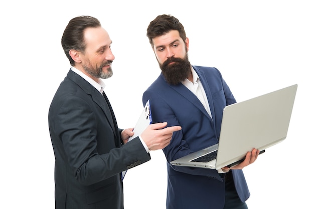 Colleagues work. Software technologies for accounting. Modern technologies. Man bearded manager show financial report laptop. Partnership. Business technologies. Director boss surfing internet.