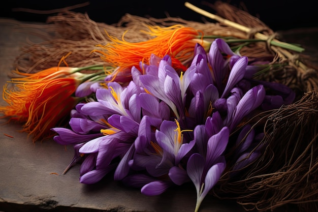 크로커스 사티버스 (Crocus sativus) 라고 불리는 사프란 크로커스 꽃 을 한 손 가득 모으십시오