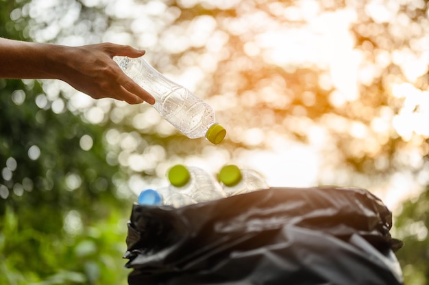 庭でペットボトルを集めましょう。環境保護とプラスチック意識。森林の清掃。